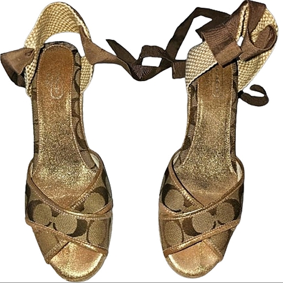 Coach, size 10M, khaki and gold wedge heel sandals - Picture 1 of 6